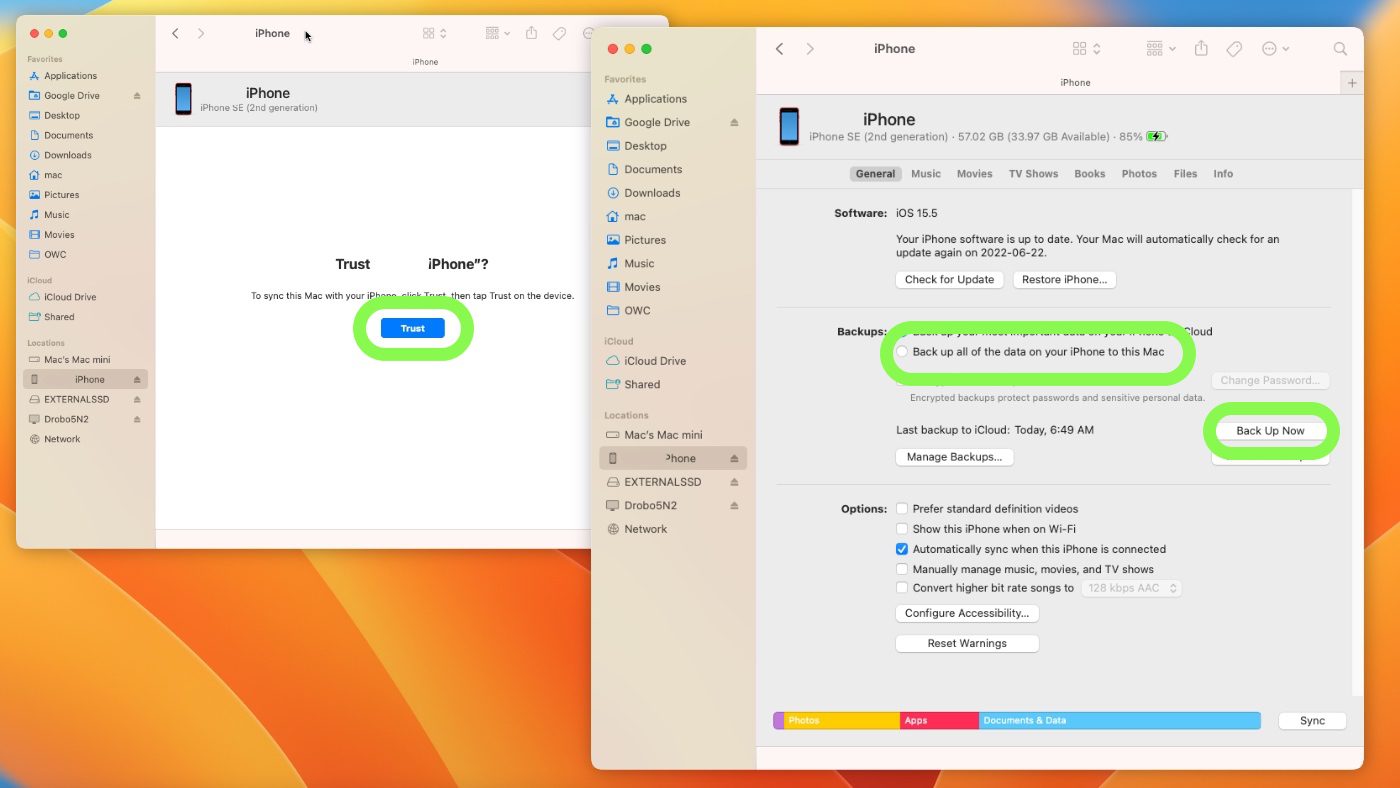Backing up an iPhone through the Finder in macOS.