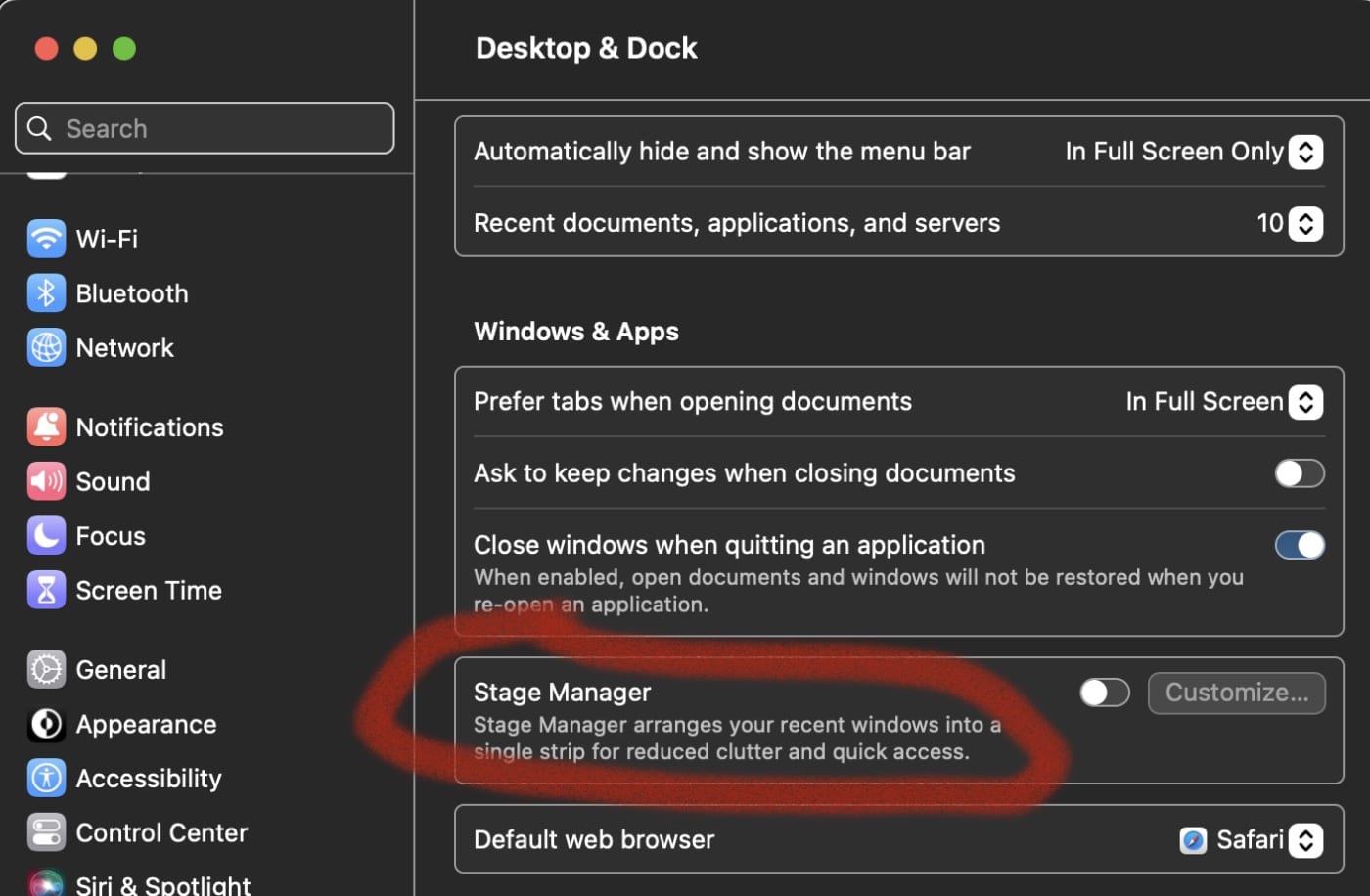 Desktop & Dock > Stage Manager
