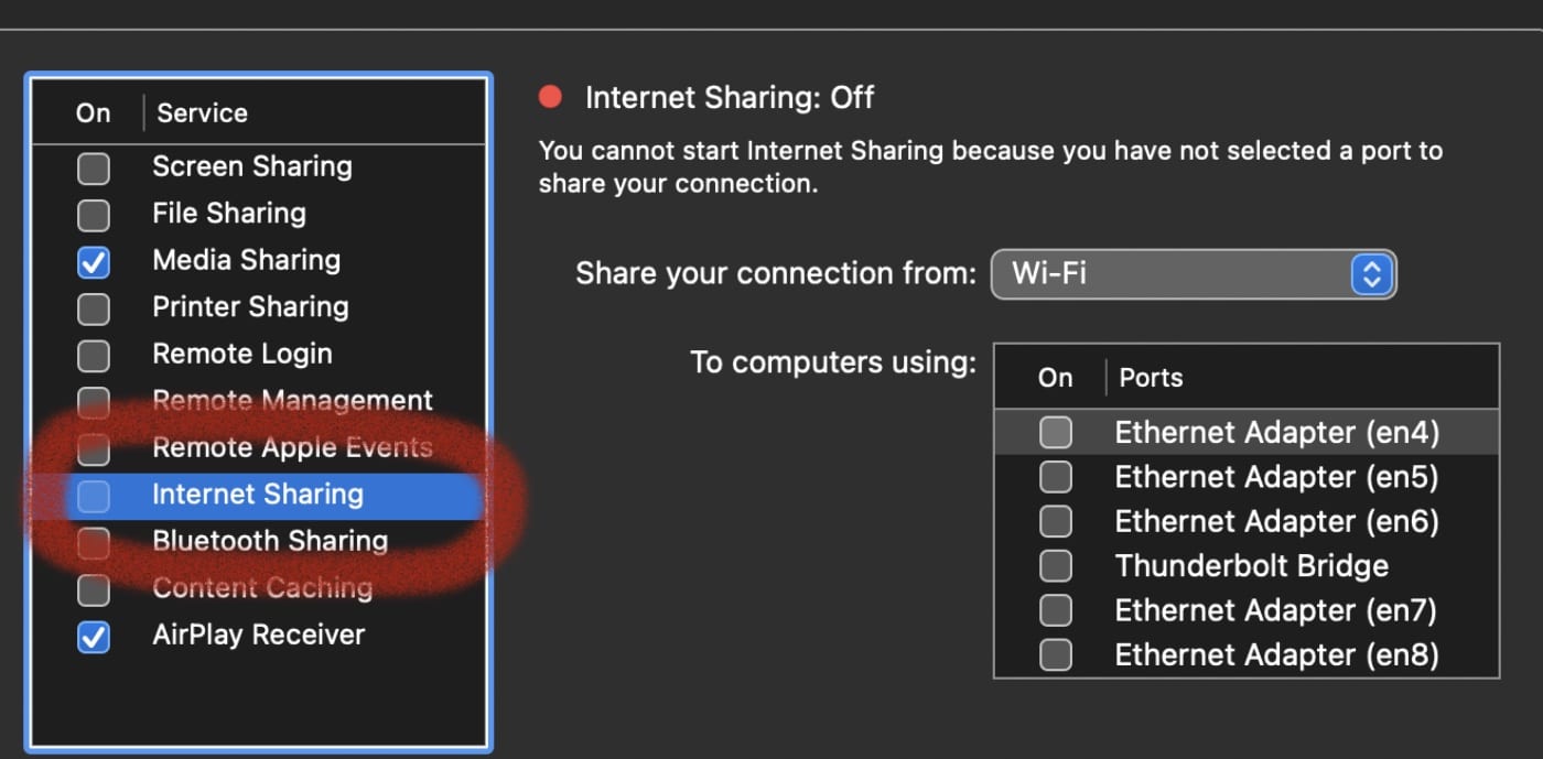 Sharing > Internet Sharing