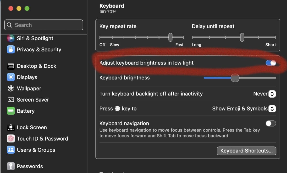 Adjust keyboard brightness in low light