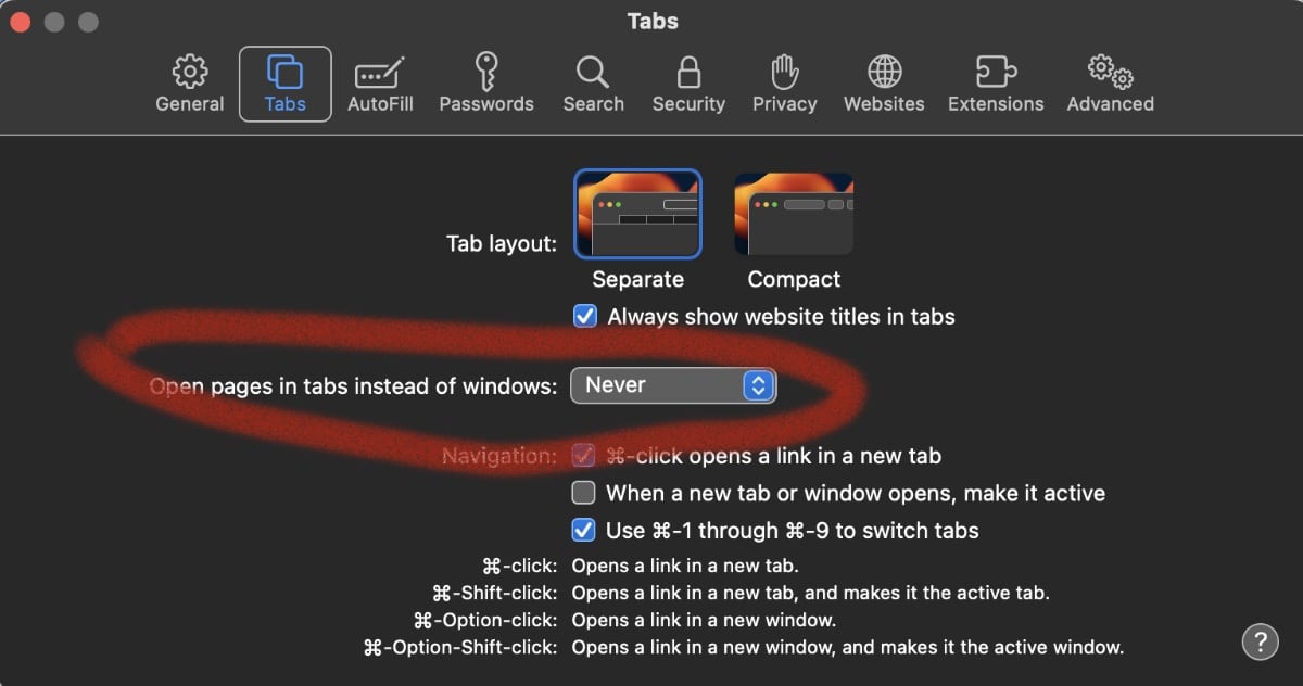 Never open pages in tabs