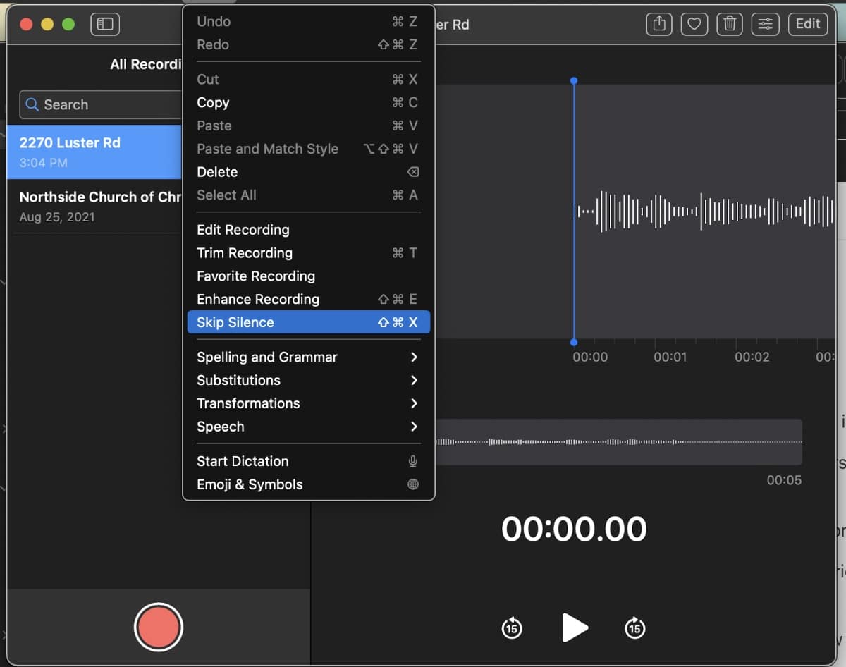 Edit > Skip Silence