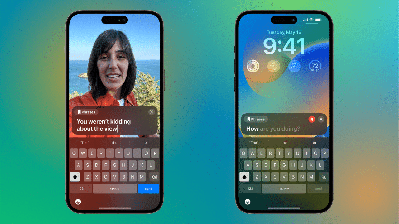 The Live Speech interface is shown on two iPhones. On one iPhone Live Speech is being used during a FaceTime call. On the other, Live Speech is being used to talk to someone in conversation in person.