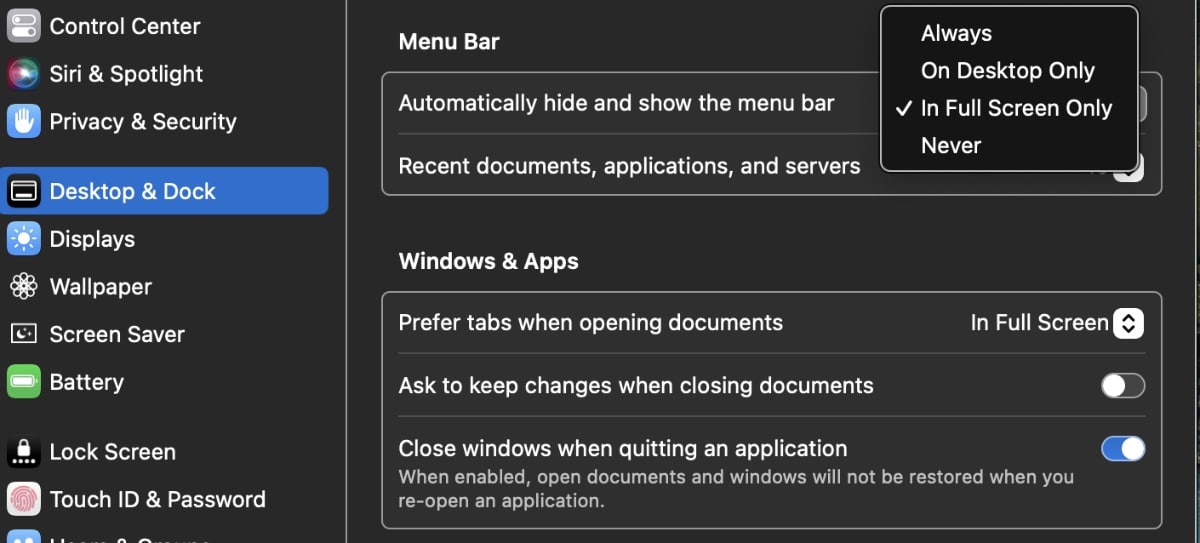 Menu bar hide options