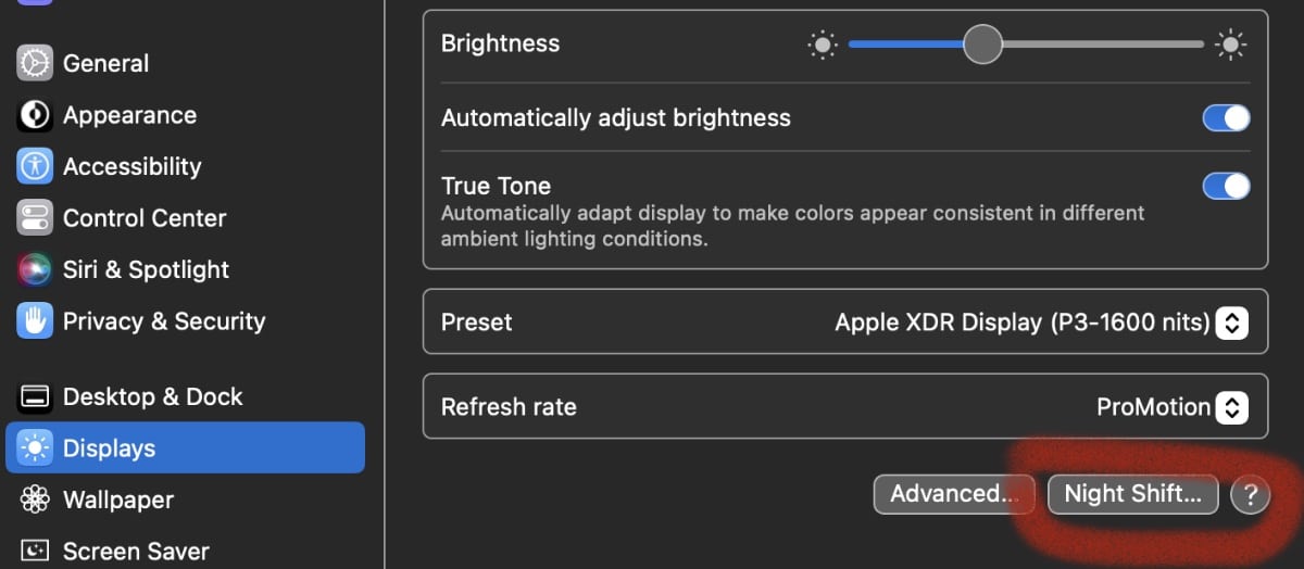 Displays > Night Shift