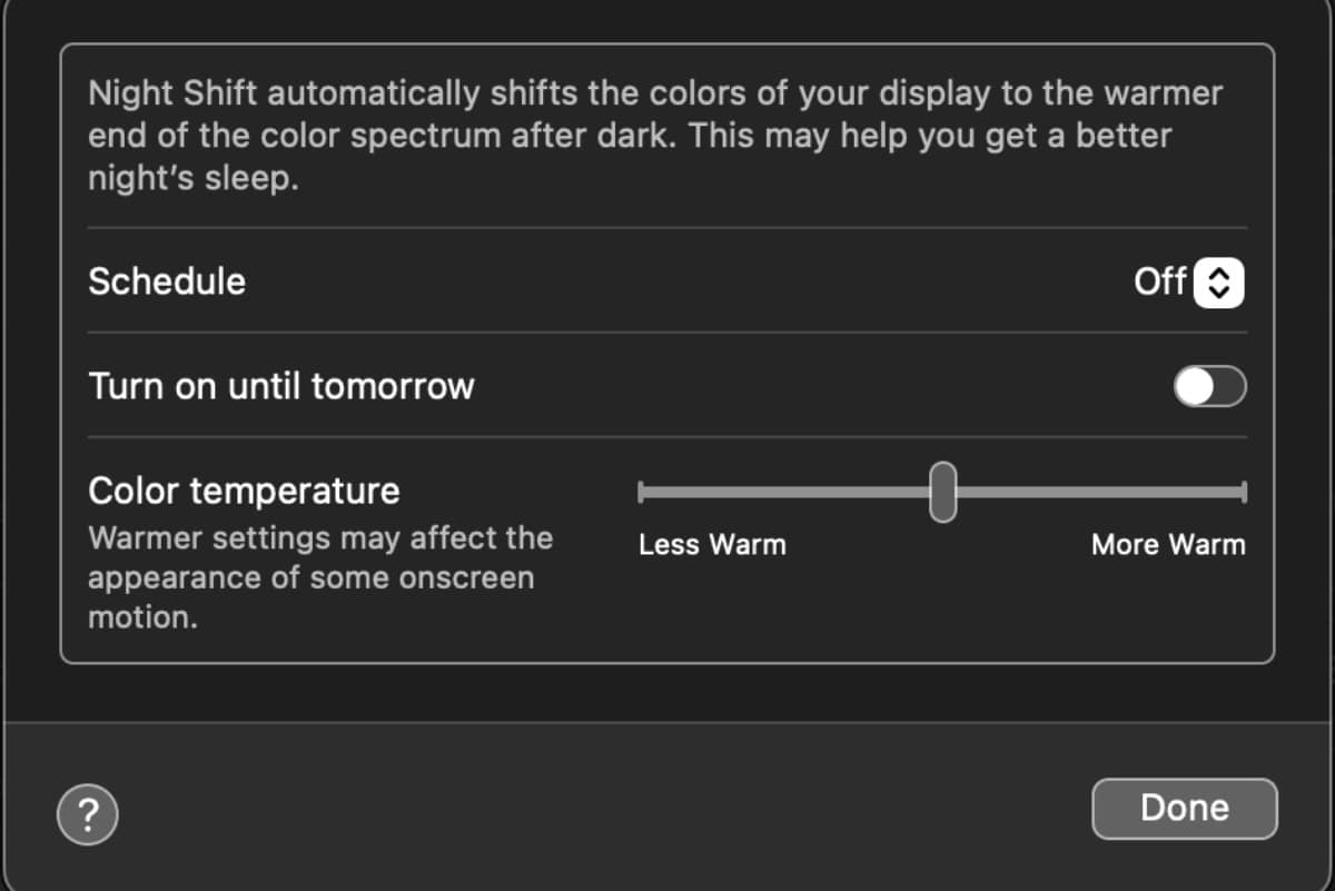 Night Shift options