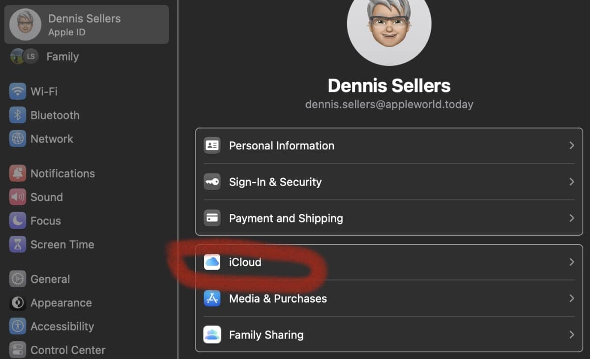 System Settings > Name > iCloud