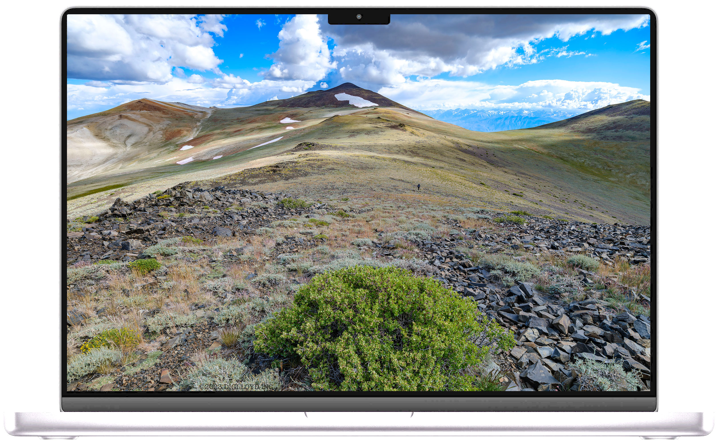 Hiker high in the White Mountains on MBP display