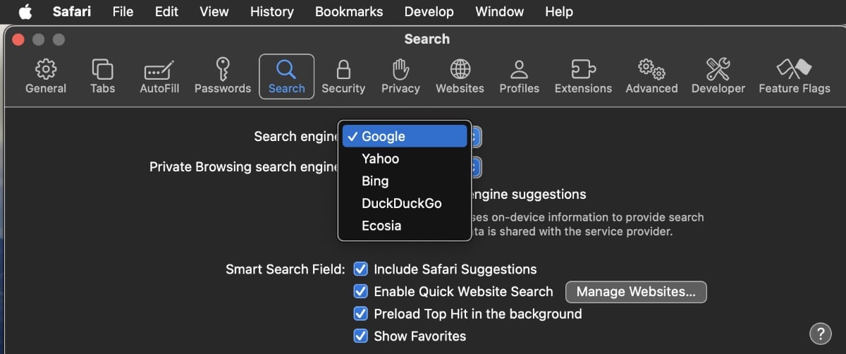 Click the Search Engine menu