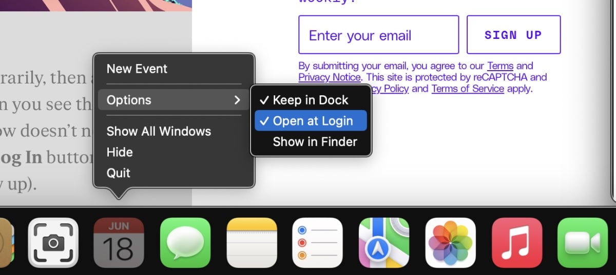 Setting Open at Login from the Dock.