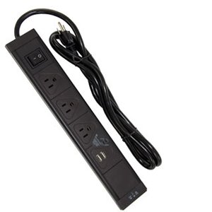 KOPI Kbar Combo: 3 Outlet Power Strip with 2 USB Charging Ports. Black color.