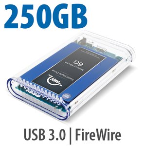 250GB SSD OWC Mercury On-The-Go FireWire 800 / 400+USB3 SSD Portable Bus Powered Solution.