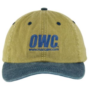 OWC Baseball Cap. Embroidered with the OWC logo atop our website address. Tan hat w/ blue-grey brim.