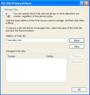 In the "Address of web site:" box, type in *.macsales.com which tells the exception to apply to any cookies from any address that ends with .macsales.com to be affected.