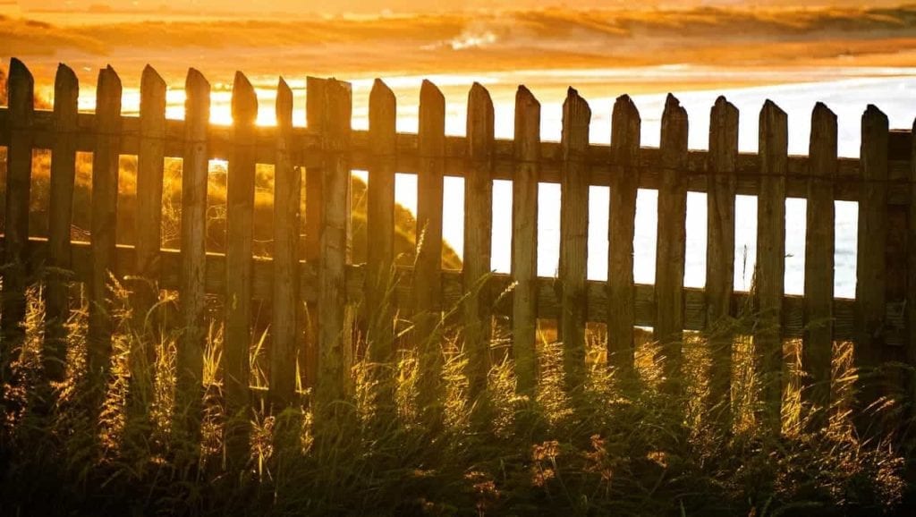 wooden fence by a lake at sunset